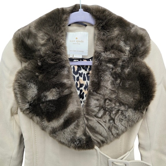 Kate Spade Briella Wool Blend Belted Coat Faux Fur Collar Leopard Lined Winter - Picture 2 of 11